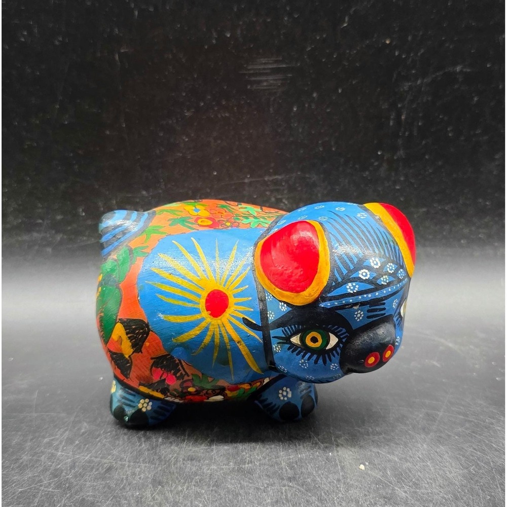 Mexican Folk Art Hand Painted Pottery Pig Figurine Blue Sunburst Village 4"